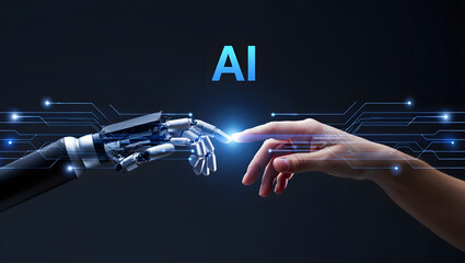 Human Hand and AI Robotic Hand Connecting, Futuristic Technology Concept, Dark Blue Background