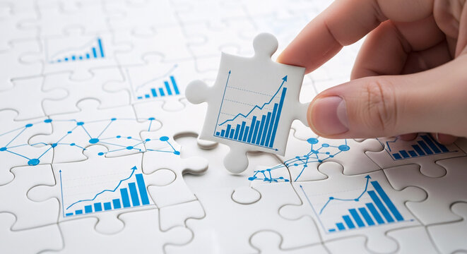 Hand placing puzzle piece with financial graph onto market analysis jigsaw