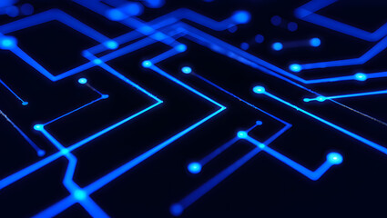 Abstract Blue Circuit Board Technology Background: Glowing Lines and Nodes, Futuristic Design