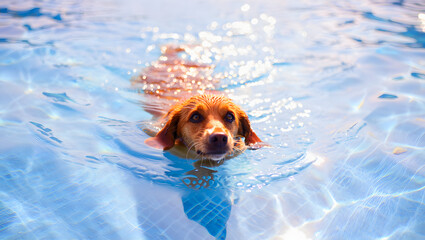 Happy Golden Retriever Dog Swimming in Pool, Summer Fun, Bright Sunlight