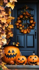 Obraz premium Festive Halloween scene with carved jack-o'-lanterns adorning a dark blue front door, surrounded by golden autumn leaves creating a warm, spooky seasonal atmosphere