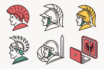 Vector art of collection of ancient warrior and technology icons isolated on white background