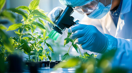 Researcher examining plant seedlings under a microscope. Plant science and agricultural biotechnology concept.
