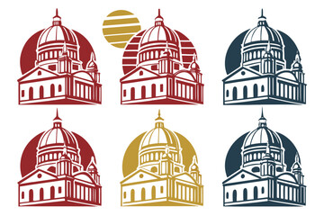 Vector art of six vector illustrations of a domed building isolated on white background