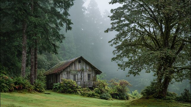 Rustic wooden cabin nestled in misty Pacific Northwest forest surrounded by lush greenery and ancient trees