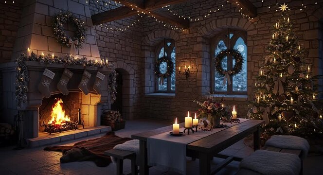 Cozy wooden cabin room with warm glowing fireplace in rustic evening atmosphere
Seamless looping, virtual video animation background. Generated AI	