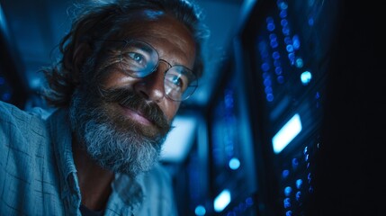 Experienced IT professional with glasses examining server racks glowing with blue lights in a dark data center environment