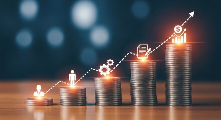 Stacks of coins showing growth with business icons and upward trending arrow line graph concept