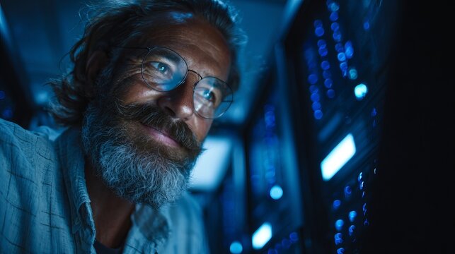 Experienced IT professional with glasses examining server racks glowing with blue lights in a dark data center environment