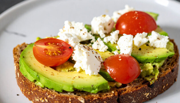Avocado toast with cherry tomatoes and feta cheese. Tasty snack. Delicious food for breakfast. - Powered by Adobe