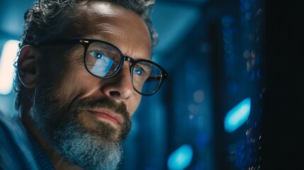 Focused businessman wearing glasses intensely analyzing data on a glowing server rack in a dimly lit data center