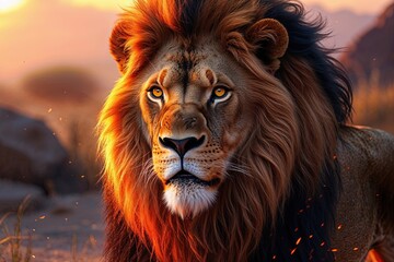 Obraz premium Vibrant Fiery Lion Artwork Captures Stunning Blaze and Power