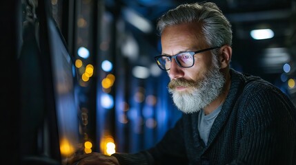 Focused senior IT professional analyzing data on computer screen in modern server room with bokeh lights