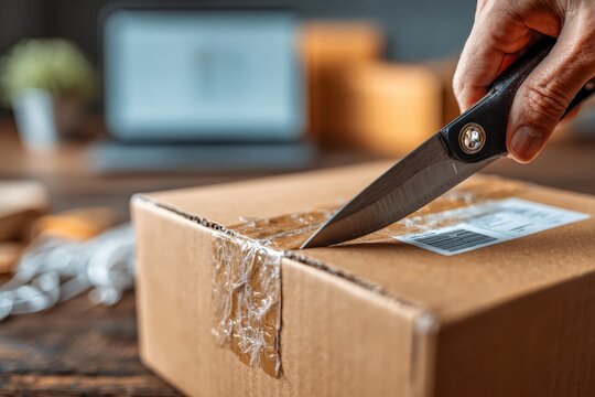 A person's hand carefully opening a cardboard delivery box with a sharp knife.