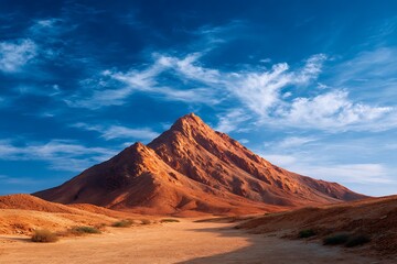 A majestic mountain rises against a vibrant blue sky dotted with fluffy clouds above