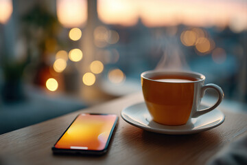 Obraz premium Warm cup of tea beside smartphone at sunset in a cozy indoor setting