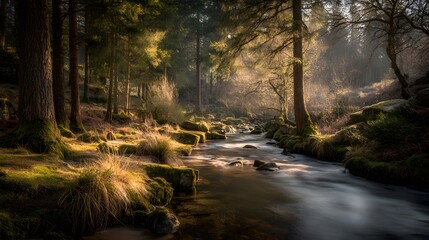 Obraz premium Sunlight streams through a tranquil forest stream.