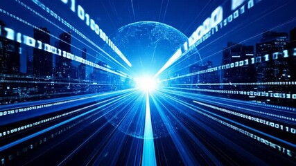 Digital city animation with data flow and network connections, futuristic cityscape - Powered by Adobe