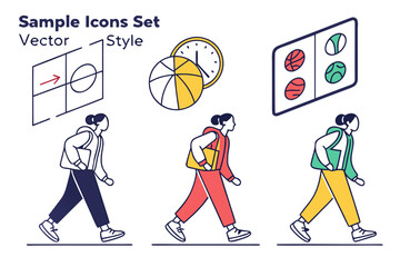 Fototapeta premium Vector art of vector style icons set of woman walking isolated on white background