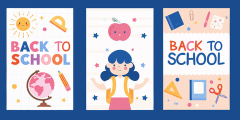Cute back to school illustrations with school supplies and happy children