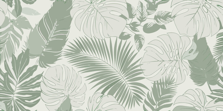 Sage green tropical leaf pattern with monstera and palm fronds