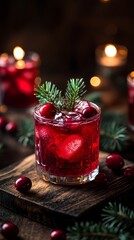 Festive Holiday Drinks With Cranberries and Ice on Wooden Table Adorned With Candles.