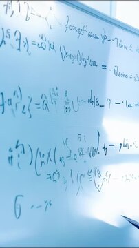 Mathematical equations on whiteboard in soft focus lighting. concept of abstract mathematical ideas, academic learning environment, educational tools Vertical