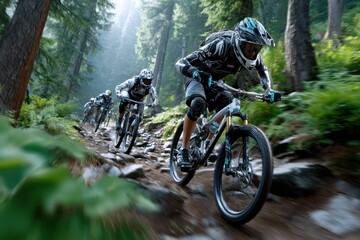 Fototapeta premium Mountain bikers navigate a rugged trail through a misty forest in the morning light
