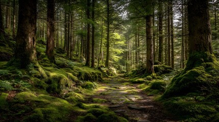 Fototapeta premium Moss-covered path through a sunlit forest.