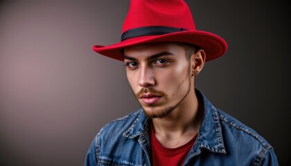 a young man dressed in a red fedora hat and matching red shirt, posing with confidence for the camera