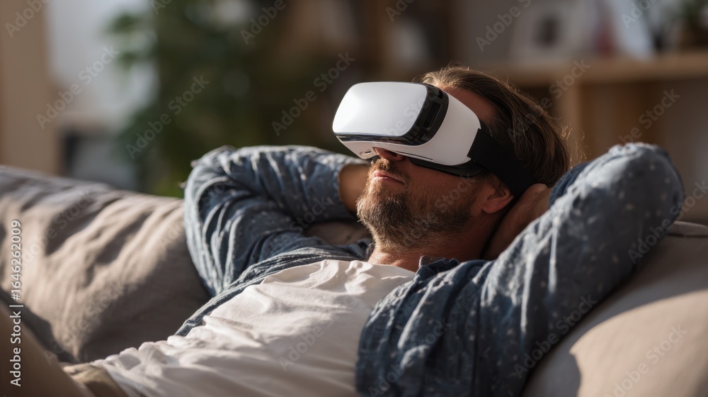 Poster relaxed individual in a vr headset reclining on a sofa with blurred background resting after experie
