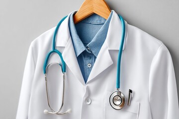 Realistic doctor's lab coat with stethoscope hanging on a wall in a clinical setting