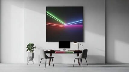 Modern desk setup with computer and neon light art on wall office interior