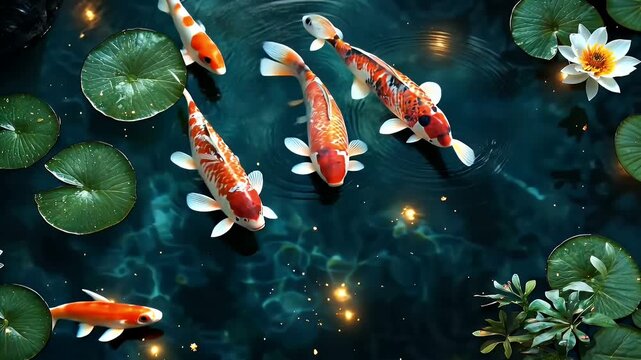 Colorful Koi Fish Swimming Gracefully in a Serene Pond Surrounded by Lush Water Lilies