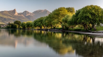 Fototapeta premium Serene lake reflecting mountains and trees.