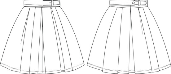 Women’s pleated skirt, belted waist, front and back views, fashion CAD drawing, vector illustration, garment technical sketch, clothing design blueprint