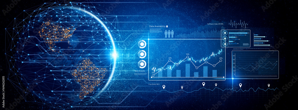Poster high-tech data visualization dashboard for analytics and performance tracking, including data visual
