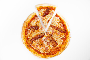 Sliced Ham Pizza Menu Item on white background, top down view
