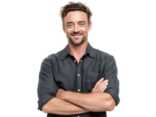 Confident Smiling Man with Arms Crossed, Studio Portrait on Black Background
