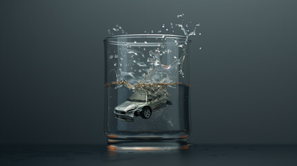 Don't drive after drinking alcohol, a powerful social advertisement that draws attention to the issue of drunk driving, a crashed car drowned in a glass of alcohol, and the concept of an accident