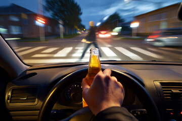 Social campaign image: impaired driver's perspective showing alcohol bottle and distorted road