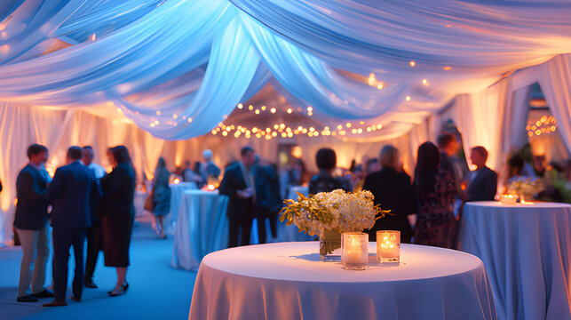 Bustling event venue, wedding reception, dinner night. Outdoor lit wedding tent interior with with tables and flowers, family, friends and well wishers with joyous lively celebration