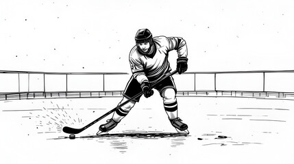 Hockey player maneuvers on ice rink, feints with stick and puck in monochrome. Simple minimalistic vector in black ink drawing on transparent background