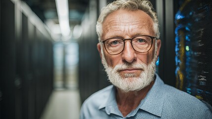 Experienced IT professional with a thoughtful gaze in a modern data center environment, exuding expertise and reliability