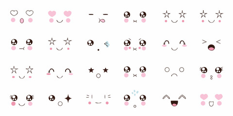 Collection of cute kawaii faces with various expressions
