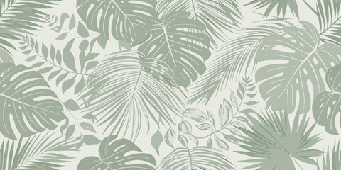 Monstera and palm leaf tropical pattern in sage green