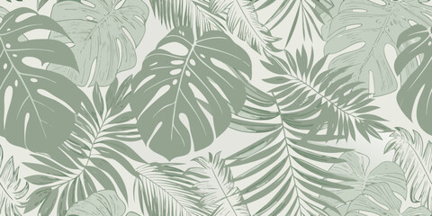 Monstera and palm leaf tropical pattern in sage green