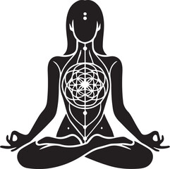 A serene woman in a yoga lotus pose illustration, a vector silhouette of a person meditating for health and relaxation.