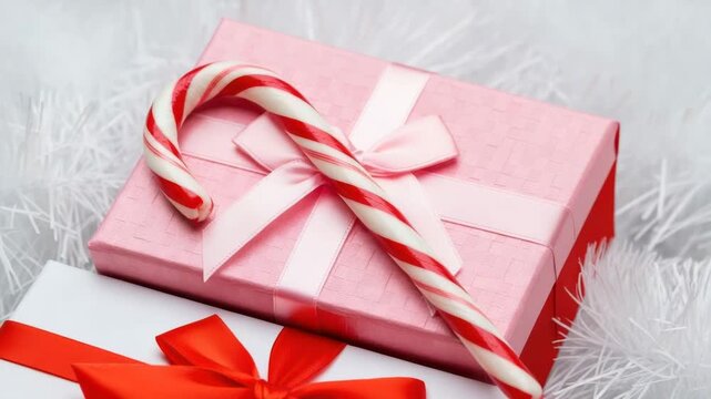 A classic red and white striped candy cane rests on a pink gift box tied with a delicate ribbon, set against a soft, blurred white background