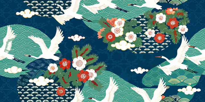 Elegant cranes and flowers in a japanese wave pattern